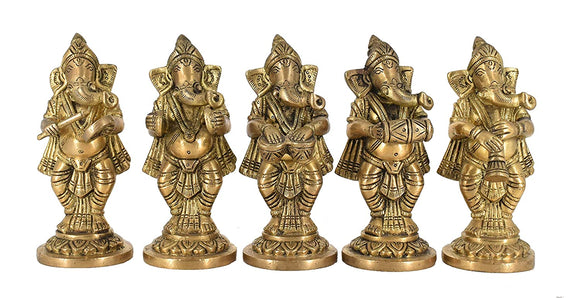 White Whale Brass Lord Ganesha Musicians Design Statue Idol Home Decor Figurine (Set of 5)