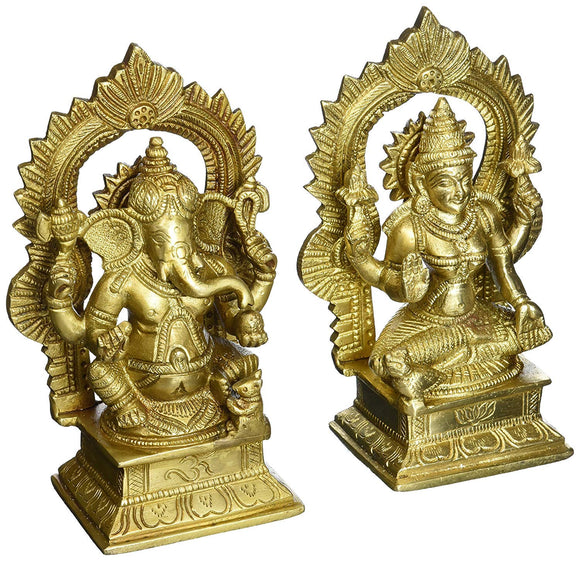 White Whale Brass Hindu God Lord Ganesha and Lakshmi Bhagwan Lord Ganesha and Lakshmi Idol Statue Murti 6.5