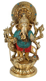 Whitewhale 11" Kana Drishta Ganapathi Ganesha Ganesh Statue Brass Turquoise Multi Arm Sculpture