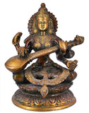 White Whale Maa Saraswati Brass Statue Religious Goddess Sculpture Idol Home Décor