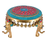 Whitewhale Brass Round Chowki with Elephant Pillars and Bells with Stone Work, Brass Pooja Chowki for Home Temple, Religious Home Decor