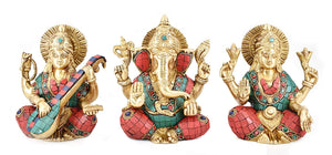 White Whale Brass Brass Lakshmi Ganesh Saraswati Statue Set Idol Home Decor Figurine