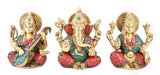 White Whale Lakshmi, Ganesh, Saraswati Idols Golden Multicolored Seated Pose 3 Set Brass God Goddess Statue Diwali Gifts