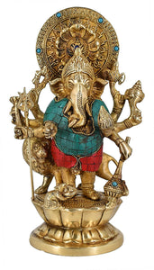 Whitewhale 11" Kana Drishta Ganapathi Ganesha Ganesh Statue Brass Turquoise Multi Arm Sculpture