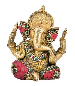 White Whale Lord Ganesh Murti Ganesha Idol Ganpati Brass Statue With Multicolor Stone Work for Home Decoration Showpiece