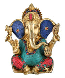 White Whale Lord Ganesh Murti Ganesha Idol Ganpati Brass Statue with Multicolor Stone Work for Home Decoration Showpiece