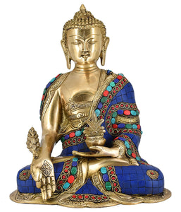 Whitewhale Large Buddha Brass Statue - Handmade Blue Stone Medicine Buddhist Tibetan Healing Decor Sculpture