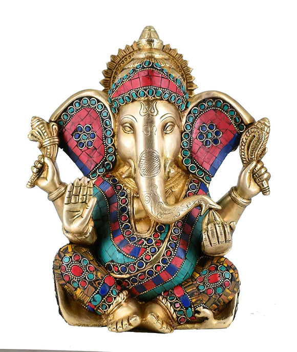 White Whale Lord Ganesh Murti Ganesha Idol Ganpati Brass Statue with Multicolor Stone Work for Home Decoration Showpiece