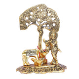 White Whale Kamdhenu Cow with Krishna Standing Under Tree Plying Flute Metal Statue (12 X 8 X 17 cm, Gold)