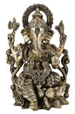 White Whale Brass Lord Ganesha Sitting On Lotus Statue Idol Home Decor Figurine (13 Inches)