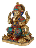 White Whale Large  Lord Ganesh Murti Ganesha Idol Ganpati Brass Statue With Multicolor Stone Work for Home Decoration Showpiece