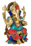 White Whale Brass Lord Ganesha Sitting On Lotus Statue Idol Home Decor Figurine (12 Inches)