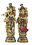 Whitewhale Brass Lord Radha Krishna Couple Bhagwan Large Statue Sculpture Turquoise Murti for Home Decor Pooja Temple - 29 Inch