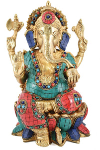 White Whale Brass Lord Ganesha  Sitting On Lotus Statue Idol Home Decor Figurine