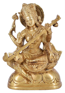 White Whale Maa Saraswati Brass Statue Religious Goddess Sculpture Idol Home Décor