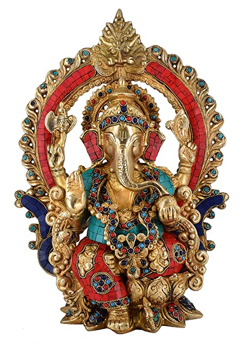 White Whale Lord Ganesh Murti Ganesha Idol Ganpati Brass Statue with Multicolor Stone Work for Home Decoration Showpiece