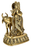 White Whale Lord Krishna with Cow Brass Statue Religious Strength God Sculpture Idol Home Decor Figurine