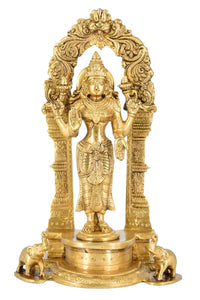 White Whale BraStanding Goddess Lakshmi with Prabhavali - Brass Statue for Home Decor Mandir Pooja Carved Frame with Kirtimuka