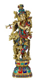 White Whale Brass Lord Krishna Idol Bhagwan Large Statue Multicolor Turquoise Murti for Home Decor Pooja Room - 29 Inch