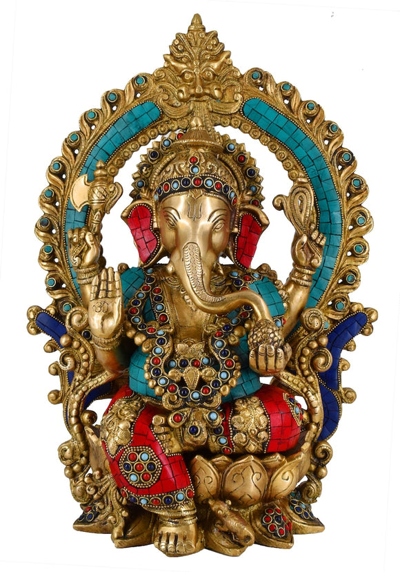 White Whale Brass Lord Ganesha  Sitting On Lotus Statue Idol Home Decor Figurine