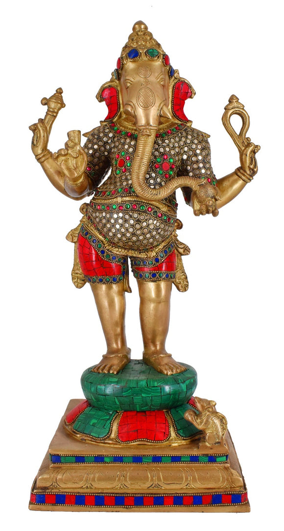 White Whale Lord Standing Ganesha Brass Statue Religious Strength God Sculpture Idol - 19 Inches