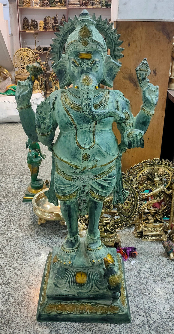 White Whale Lord Standing Ganesha Brass Statue Religious Strength God Sculpture Idol - 50 Inches