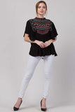 Whitewhale Casual Flared Sleeves Embroidered Women Black Top