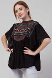 Whitewhale Casual Flared Sleeves Embroidered Women Black Top