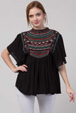 Whitewhale Casual Flared Sleeves Embroidered Women Black Top