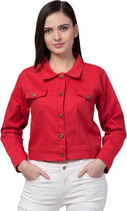 Whitewhale Full Sleeve Solid Women Denim Red Jacket