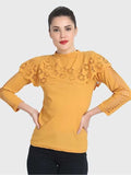 Whitewhale Casual Regular Sleeves Laser Cut Women Yellow Top