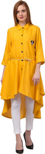 Whitewhale Women Solid Rayon High Low Mustard Kurta Dress