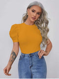 Whitewhale Casual Puff Sleeves Solid Women Mustard Top