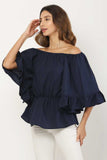 Whitewhale Casual Balloon Sleeve Solid Women Navy Blue Top