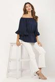 Whitewhale Casual Balloon Sleeve Solid Women Navy Blue Top