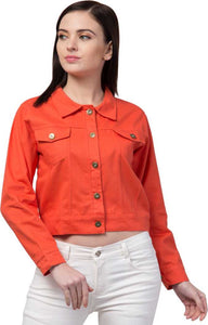 Whitewhale Full Sleeve Solid Women Denim Orange Jacket