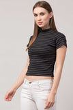 Whitewhale Casual Regular Sleeves Striped Women Black Dark Grey Top