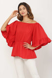 Whitewhale Casual Balloon Sleeve Solid Women Red Top