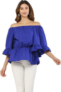 Whitewhale Casual Balloon Sleeve Solid Women Royal Blue Top